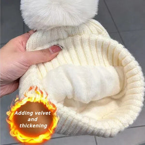 New Women Hat High Quality Add Fur Lined Pompoms Winter Hat Stylish Wool Beanie Hats For Women Warm Thick Streetwear Knitted Cap