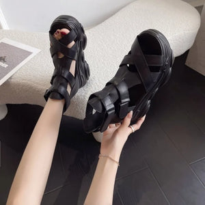 Soft Leather Ladies Casual Wedge Ankle Boots Summer Gothic Style Shoes Female Gladiator Platform High Heels Casual Sandals