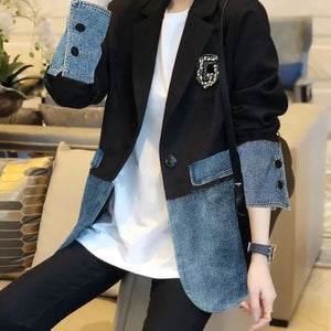 Graphic Female Jeans Coat with Print Sequin Black Patchwork Diamonds Outerwears Long Trench Women's Denim Jackets Spring Autumn