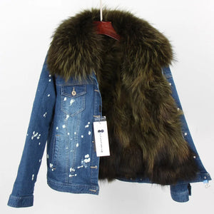 fur lover 2022 New fashion Women's denim jacket natural Fur coat parkas Female coat winter Real raccoon fur collar Jeans jacket