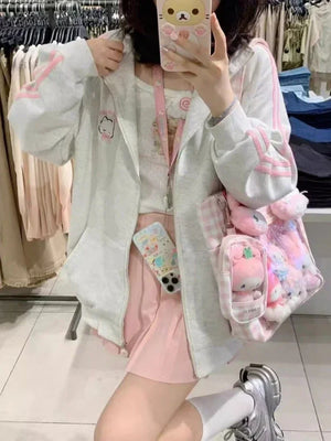 HOUZHOU Japanese Fashion Kawaii Zipper Hoodie Women Harajuku Cute Pink Cat Embroidery Oversized Hooded Sweatshirt  Winter 2023