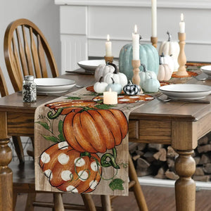 Polka Dot Pumpkins Vine Fall Table Runner Seasonal Autumn Thanksgiving Kitchen Dining Tablecloth Decoration for Home Party Decor