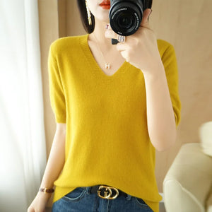 Spring/Summer 2022 Ladies Sweater Pullover Solid Color V-neck Half-sleeved Knitted Cashmere Sweater Thin Casual Top