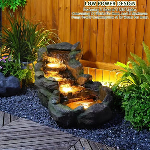 Garden outdoor fountain, floor standing layered rock outdoor fountain with LED lights and pump, used in gardens and backyards