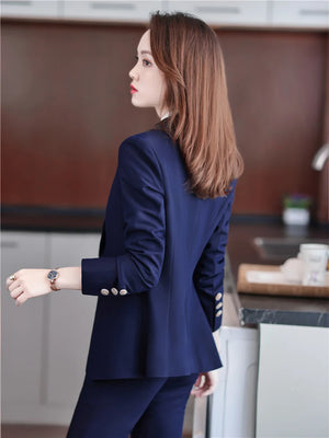 Spring Two-piece Set Pants Suit Blue Elegant Blazer Pants  Clothing Business Coat 2 Piece Sets Female Trouser Suits