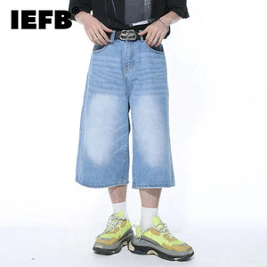 IEFB Casual Male Jeans Wide Leg Denim Shorts Contrast Color Male Fashion Washed 2024 Summer New Fashion Loose Knee Length 9A8825