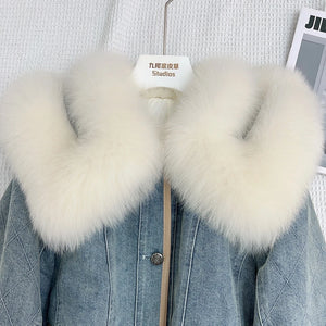 2023Real fur, Winter Women's Denim Jacket Goose Down Coats Natural Real Fox Fur Collar Outwear Luxury Female Jacket