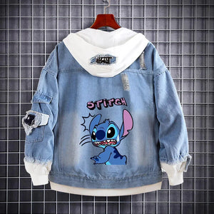 Disney Stitch Denim Hooded Coats Cute Cartoon Sweatshirts Kids Kawaii Anime Print Design Jacket Casual Streetwear Coat For Men