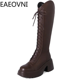 Winter New Platform Women Long Boots Fashion Lace Up Ladies Elegant Knee High Boots Shoes Thick Bottom Boots