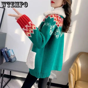 WTEMPO Christmas Sweater for Women Fur Notch Lapel Warm Winter Fall coat Loose Button Down Knitwear Ladies Knitted Cardigan