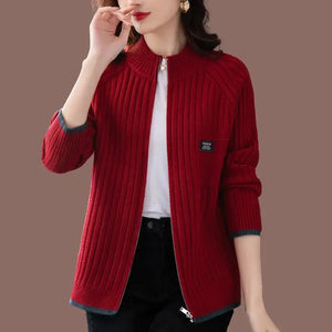 Simplicity Elegant Solid Office Lady Fashion Loose Casual Women's Clothing Zipper Screw Thread Long Sleeve Sweaters Cardigan