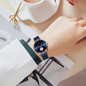 2021New Simple Fashion Ladies Watch Blue Stainless Steel Mesh Belt Small Second Hand RoseGold Case Quartz Waterproof Women Watch