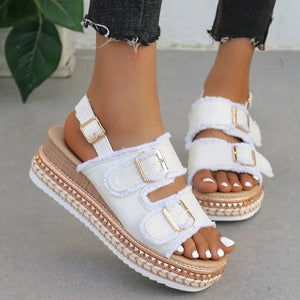 Women Wedge Sandals 2024 Summer Beach Slippers Double Buckle Non-slip Clogs Slides Women Flip Flop Platform Sandals Denim Female