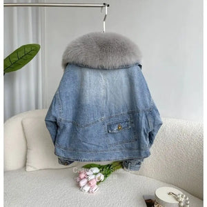 Detachable collar Denim Coat Women winter Parkas Fox Fur Short Down Jacket female Outwear fashion Long sleeve jeans clothes R066