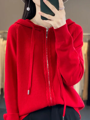 2024 autumn and winter hooded cardigan women's knitted top loose sweater casual solid color double zipper cardigan top