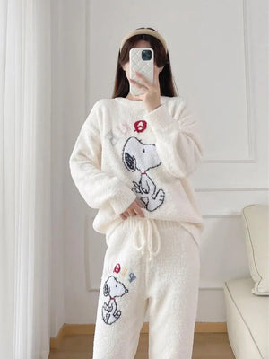 Anime Cartoon Snoopy Women's Warm Pajamas Autumn Winter New Long Sleeve Thickened Round Neck Cute Homewear Set Gift for Friends