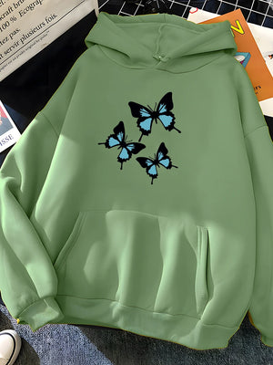 Hirsionsan Butterflies Print Women Sweatshirt Soft Casual Loose Female Hoodies 2023 Winter New Warm Fleece Tops for Girls