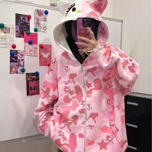 American Trendy Hello Kitty Camo Star Print Hooded Embroidered Hoodie for Women Loose Fitting Casual Zippered Coat Clothes