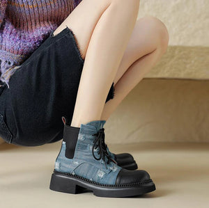 British Style Blue Denim Patchcord Martin Boot Women Thick Bottom Short Boot Lace Up Comfoy and Fashionable Knight Boots Females