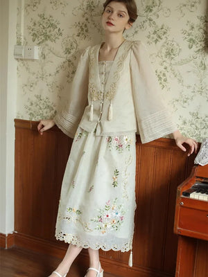 Free Shipping Spring Summer Women Dress Sets Vinage Elegant Handmade Antique Ribbon Embroidered Tassel Coat Top and Skirt Sets