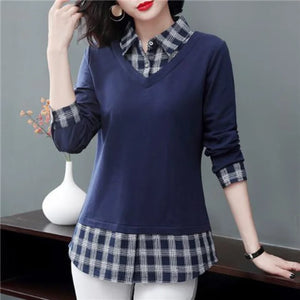 Women's Clothing T-shirt Polo-Neck Long Sleeve Spring Autumn Fake Two Pieces Office Lady Elegant Plaid Button Spliced Pullovers