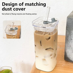 400ml Cuboid Stripe Glass Cup Transparent Glass with Lid and Straw Ice Coffee Mug Tea Cup Juice Glass Water Cups Drinkware