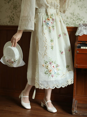 Free Shipping Spring Summer Women Dress Sets Vinage Elegant Handmade Antique Ribbon Embroidered Tassel Coat Top and Skirt Sets