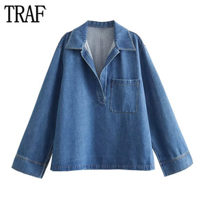 TRAF Blue Denim Blouse Female Casual Oversized Shirts and Blouses for Women Long Sleeve Jean Blouses Women Winter Basic Shirts