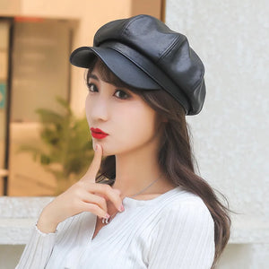 New Women PU Leather Berets Cap Hat Black Red Outdoor Adjustable Female Autumn Winter Casual Lady Cap Hat For Women