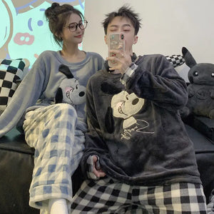 Snoopy Cartoon Cute Kawaii Coral Fleece Couples Long-Sleeved Plaid Pajamas Set Plushie Anime Plush Toys for Girl Birthday Gift