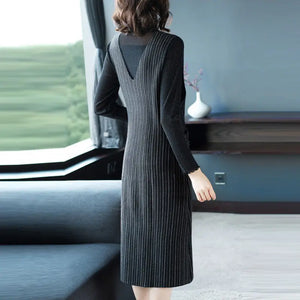 Elegant Spliced Pockets Zipper Striped Ladies Dresses Women's Clothing 2023 Autumn Winter Loose Office Lady Midi Dress