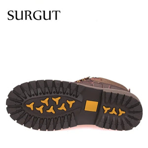 SURGUT Brand Super Warm Men's Winter Leather Men Waterproof Rubber Snow Boots Leisure Boots England Retro Shoes For Men Big Size