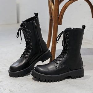 Autumn Women Men Boots Motorclcle Platform Lace-up Ankle Mid-calf Lady Shoes Female Male Fashion Desigh Unisex Fleece Warm Shoes