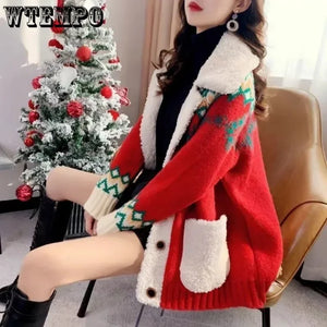 WTEMPO Christmas Sweater for Women Fur Notch Lapel Warm Winter Fall coat Loose Button Down Knitwear Ladies Knitted Cardigan