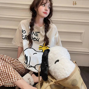 New Kawaii Cute Snoopy Pajamas Summer Pure Cotton Checkered Home Suit Set Leisure Cartoon Ins Birthday Gifts Girlfriend Gifts