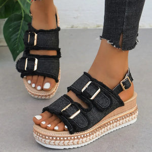 Women Wedge Sandals 2024 Summer Beach Slippers Double Buckle Non-slip Clogs Slides Women Flip Flop Platform Sandals Denim Female