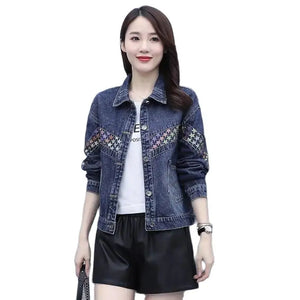 Women Denim Jacket Nice Spring Autumn New Korean Female Cowboy Coat Female Printing Tops Ladies Denim Jackets 5XL C178