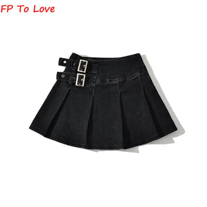 Pleated Denim Mini Skirts Vintage Belt A-line Zipper Blue Zipper Bottom Woman Black Solid Female Streetwear Quality