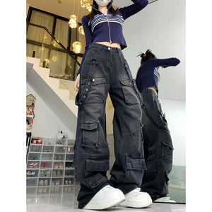 Black Women's Jeans High Waist Hip Hop Straight Fashion Pants Streetwear Harajuku Y2K Style 2024 Female Wide Leg Denim Trouser