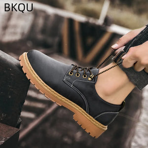 Men Leather Shoes Outdoor Wear-Resistant Flat Heel Walking Elastic Platform Casual Trendy All-match Spring and Autumn Main Push