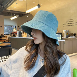 Bucket Hat Women Wide Brim Denim Fisherman Cap Summer Spring Sunshade Sun Hat Female Casual Solid Blue Sunhat Foldable