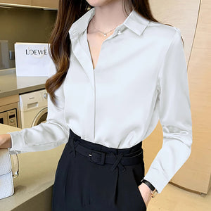 Satin Women Shirt Vintage Long Sleeve Blouse Women Silk Elegant Womens Tops Commuting Luxury White Shirt Autumn Female Clothing