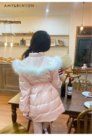 Winter Preppy Style Sail Collar Plush Detachable Collar White Duck Down Jacket Women Solid Color Slim Jacket Warm Fashion Coats