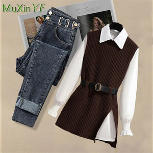 2024 Spring New Korean Elegant in Matching Set Women's Fashion Knitted Vest+Shirt+Jeans Three Piece Female Chic Denim Pants Suit