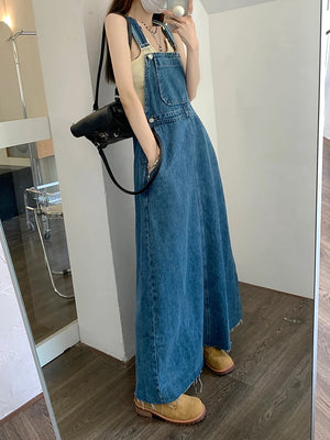 SML Women Loose Ladies Vintage Long Denim Dress Female Tassel Spaghetti Strap Jeans Denim Dresses Female (78913