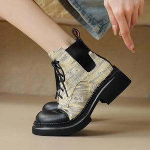 British Style Blue Denim Patchcord Martin Boot Women Thick Bottom Short Boot Lace Up Comfoy and Fashionable Knight Boots Females