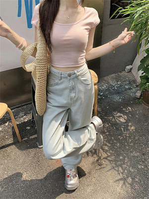 Women's Pink Bow Embroidered Light Blue Thin Jeans Young Girl Straight Bottoms Vintage Casual Trousers Female Wide Leg Pants