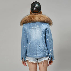 fur lover 2022 New fashion Women's denim jacket natural Fur coat parkas Female coat winter Real raccoon fur collar Jeans jacket