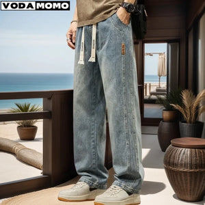 2024New Elastic loose straight jeans men's wide legged denim pants casual trousers Korean style Sportswear clothing  jeans pants