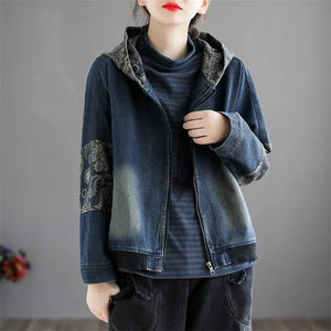 Retro Women Denim Jacket Nice Autumn New Female Splicing Hooded Cowboy Coat Middle aged Woman Loose Casual Denim Jackets